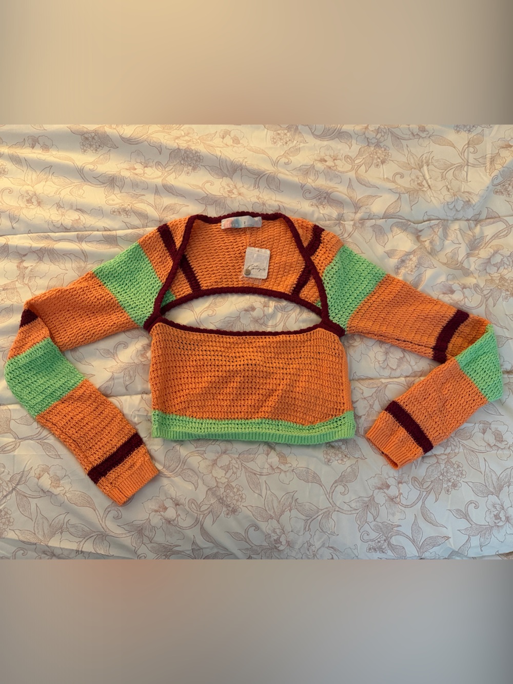 Orange & Lime Cropped Knit Bolero Top with Contrast Trim